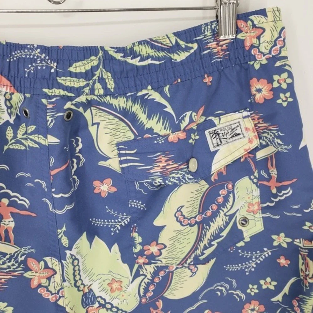 Polo Ralph Lauren Hawaiian Print‎ Swim Trunks Mens L Blue Surfer Tropical Shorts